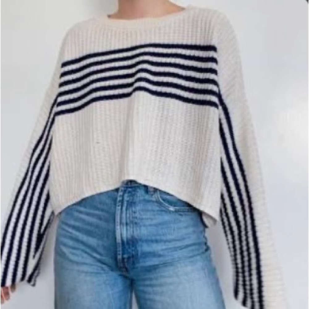Aerie Cream Sweater with Navy Blue Stripes